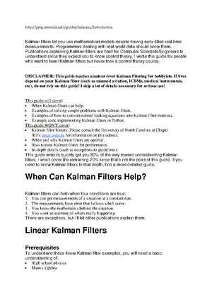 Reference paper for Kalman filter Tillämpad estimering Czerniaks