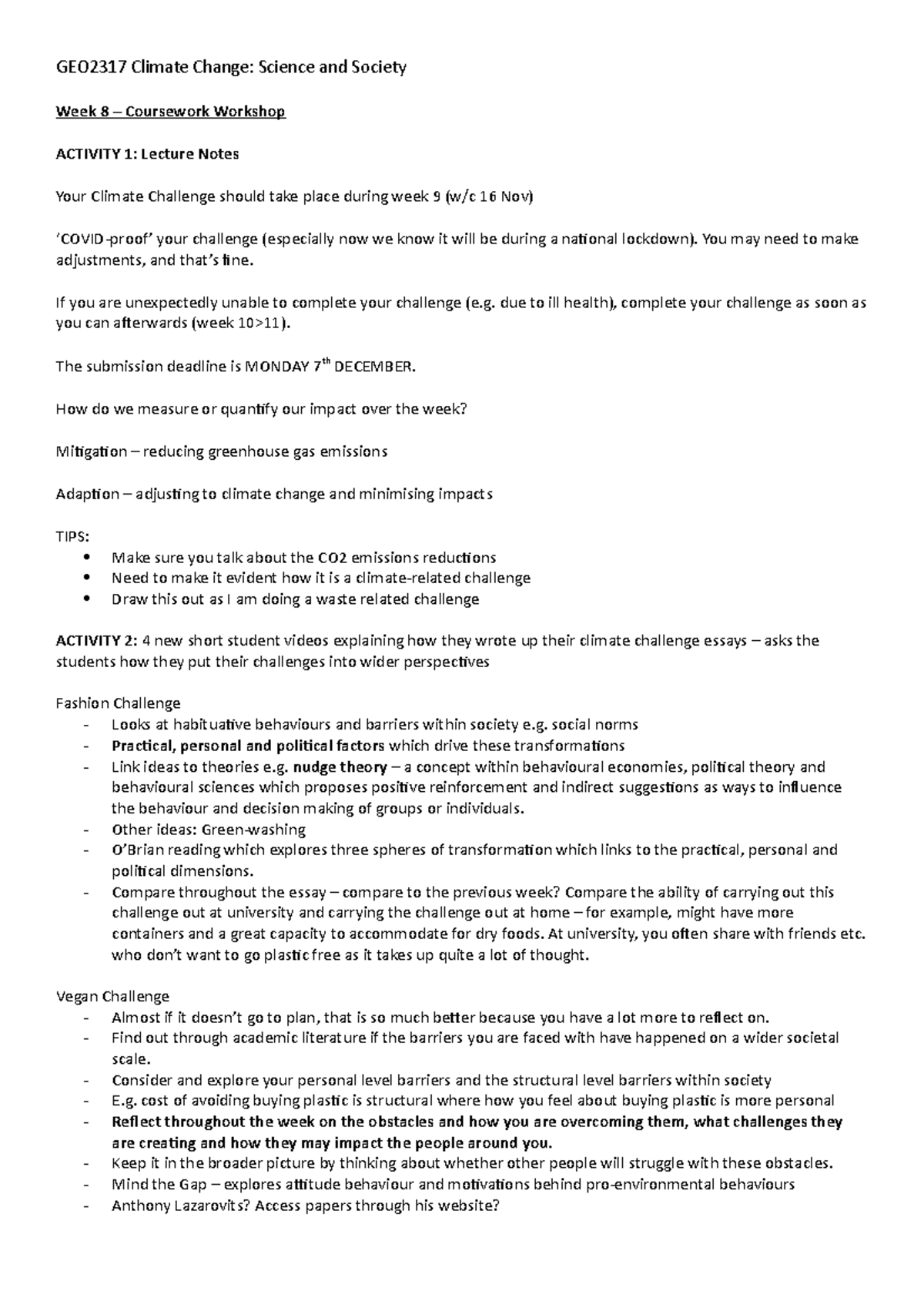 Week 8 - CW notes - Week 8 – Coursework Workshop ACTIVITY 1: Lecture ...