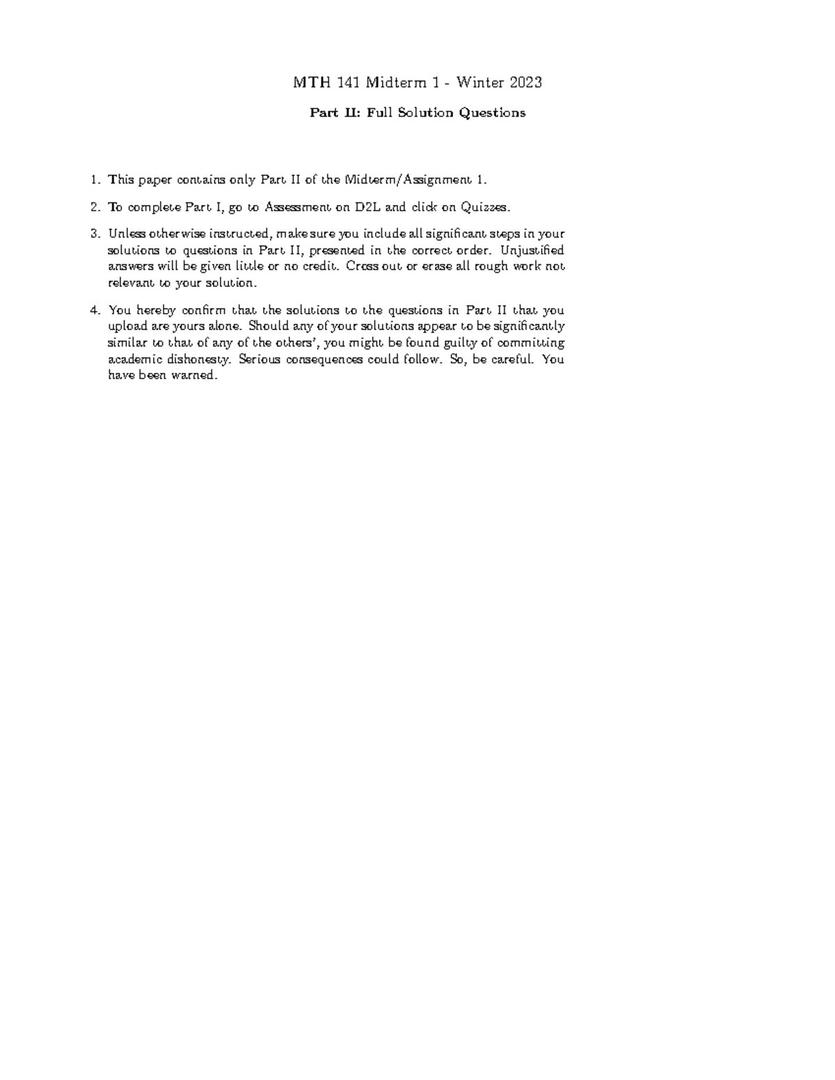 Part II - issudddd - MTH 141 Midterm 1 - Winter 2023 Part II: Full ...