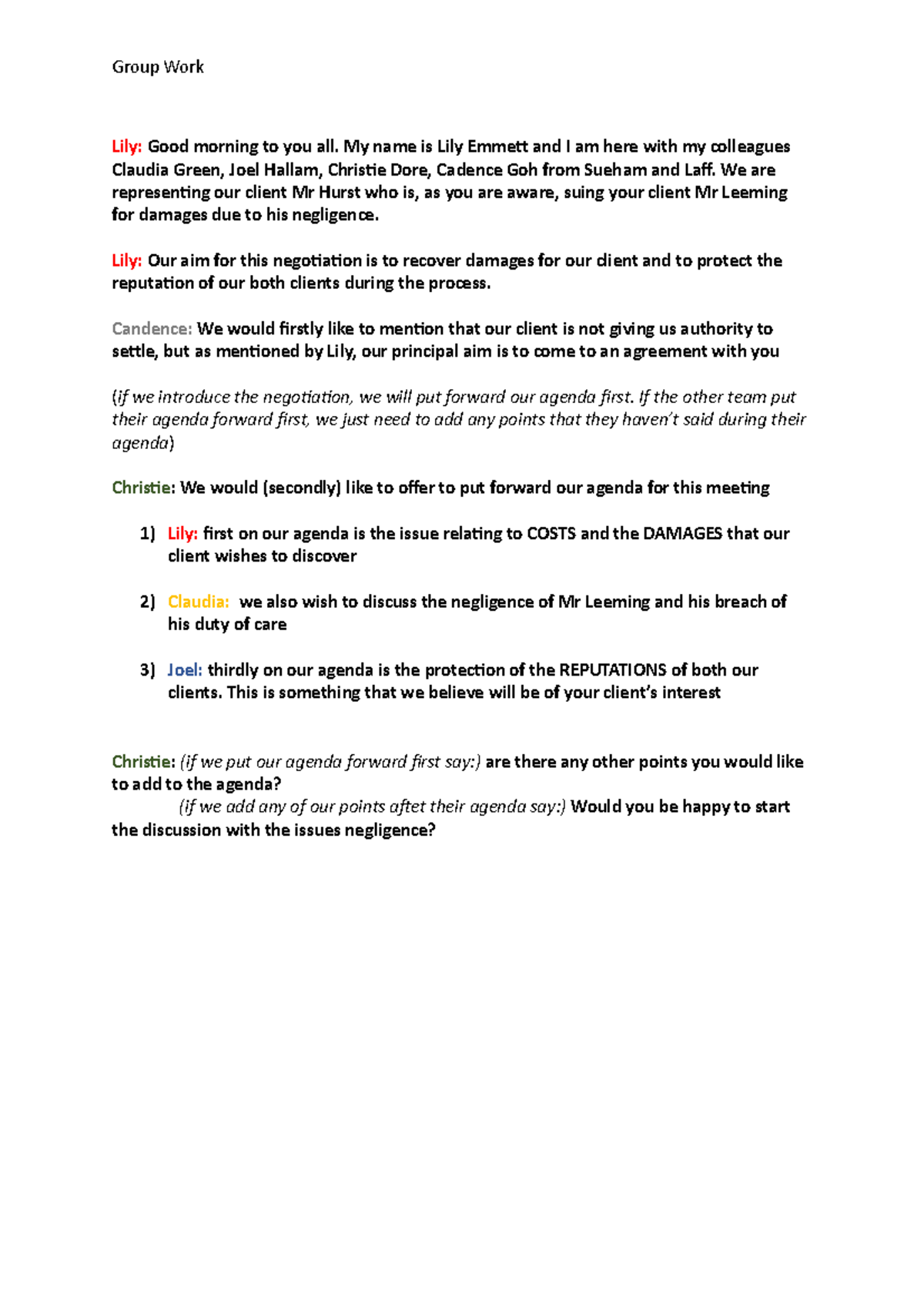 Final Script for negotiation task - Lily: Good morning to you all. My ...