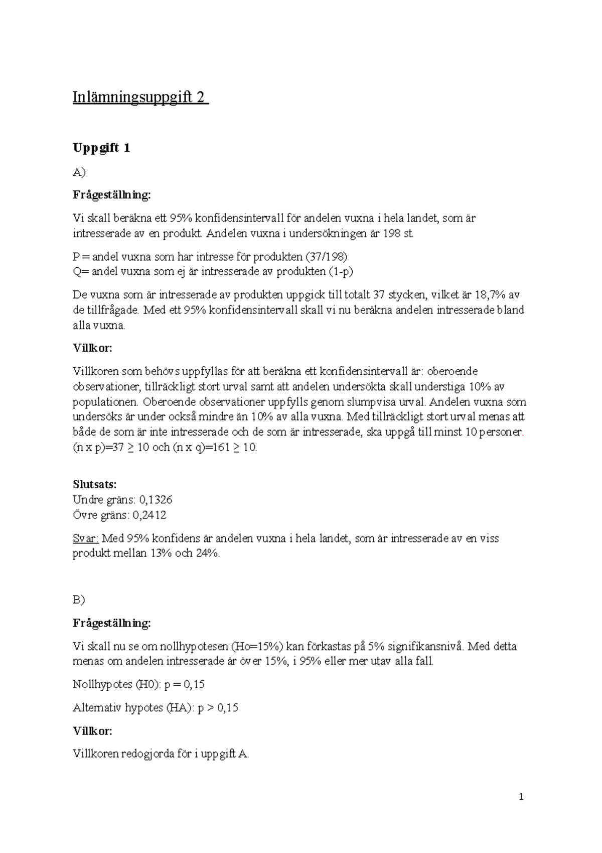 Inlämning 2 Statistik Och Dataanalys - Inlämningsuppgift 2 Uppgift 1 A ...