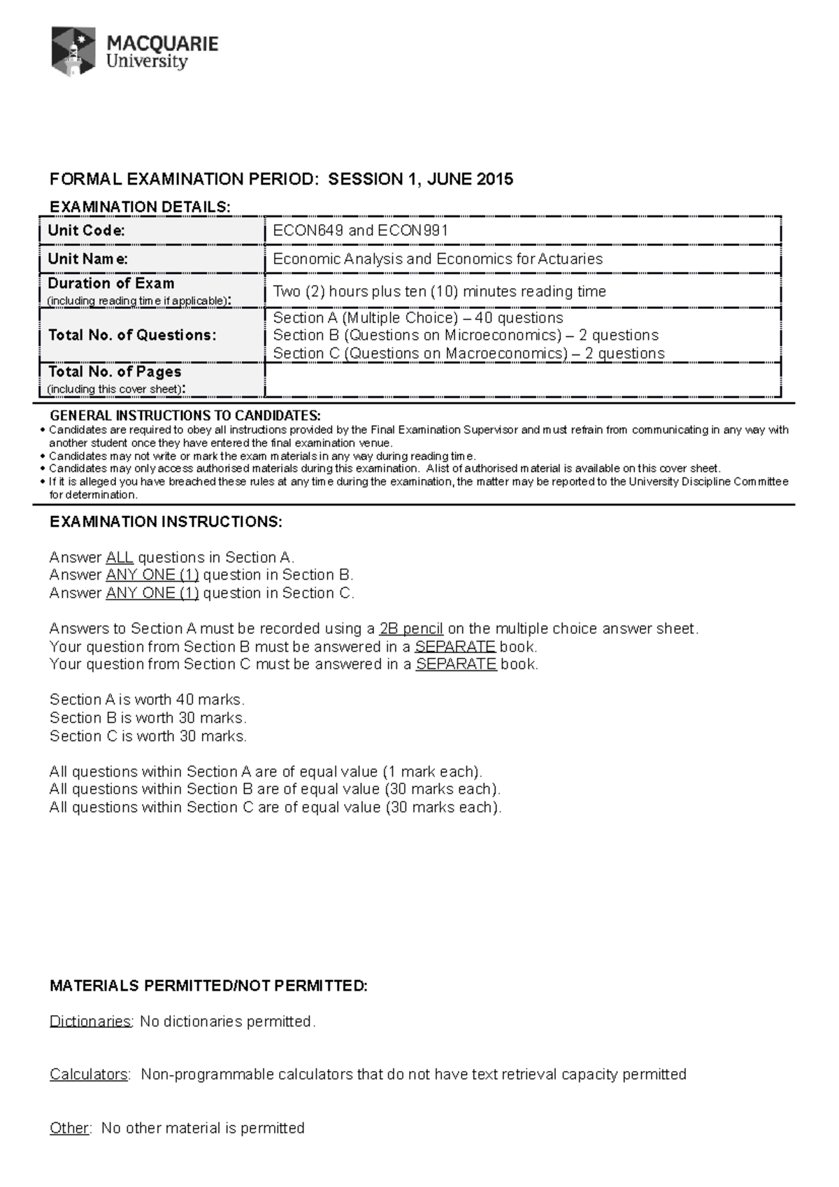 Exam June 2015 Questions And Answers Session 1 FORMAL EXAMINATION 