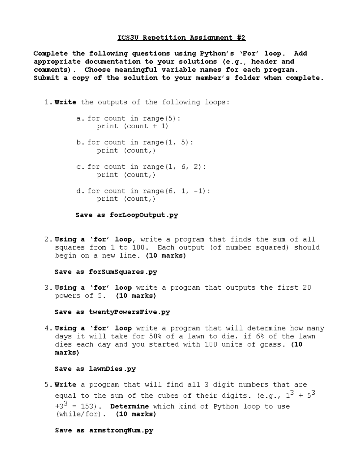 Python Repetition Assignment 2 - ICS3U Repetition Assignment # Complete ...