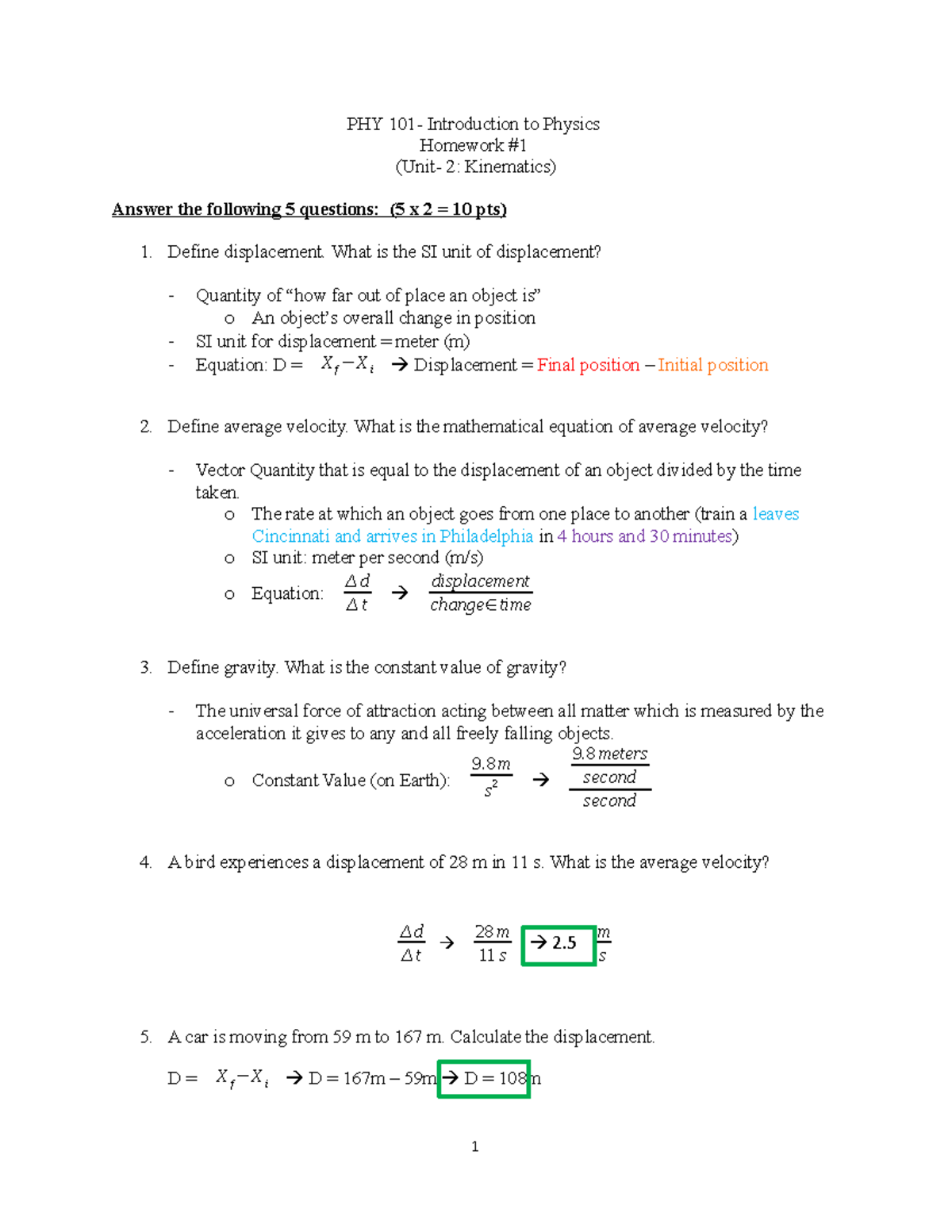 physics 101 homework answers