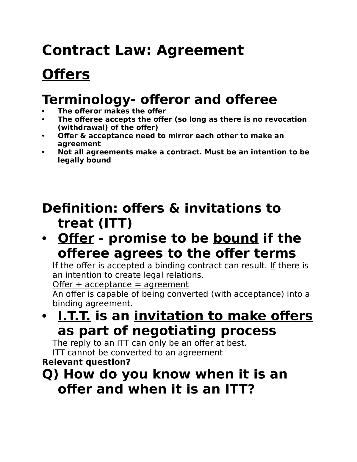 Lecture 1 Offers Contract Law Agreement Offers Terminology Offeror And Offeree The Offeror Studocu