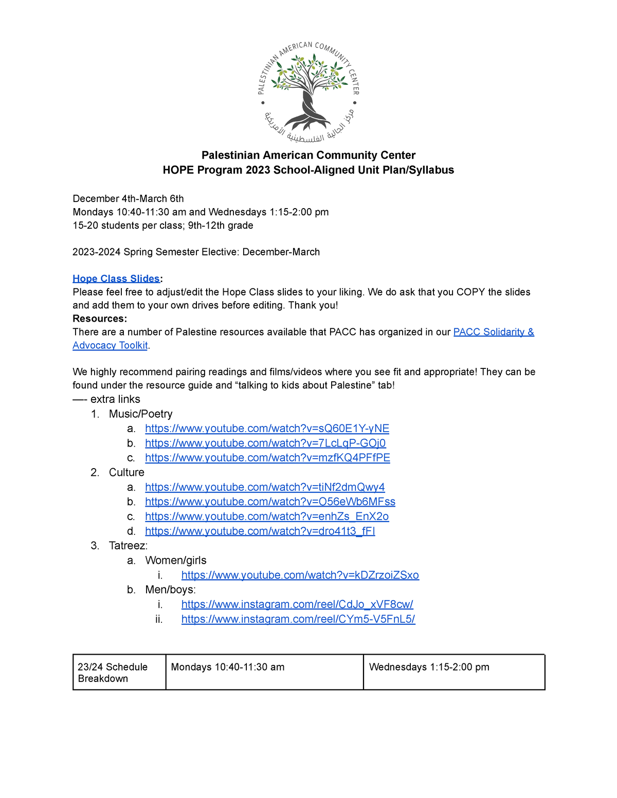 NLA Hope Syllabus 20232024 HOPE Program 2023 SchoolAligned Unit