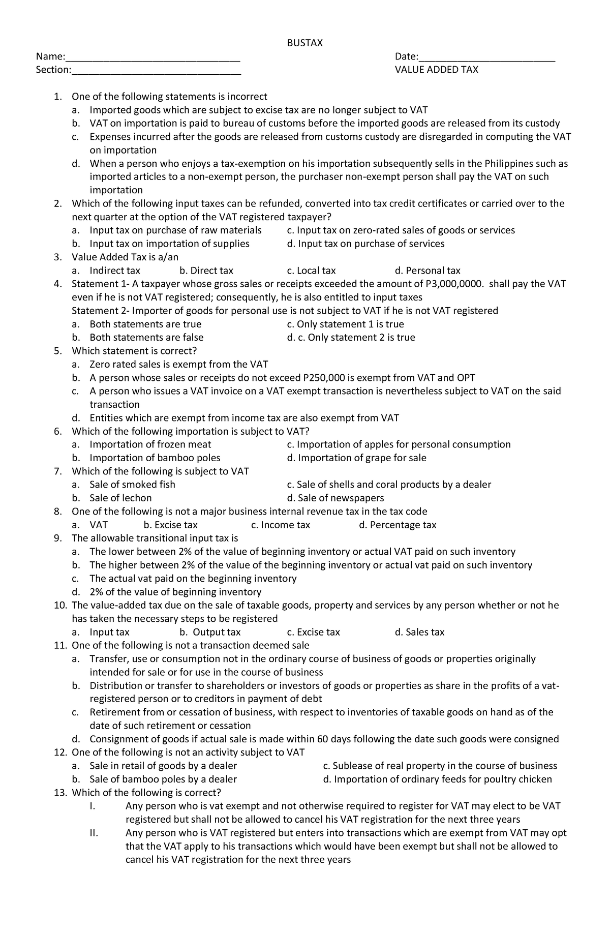 Value Added TAX Practice - BUSTAX Name ...