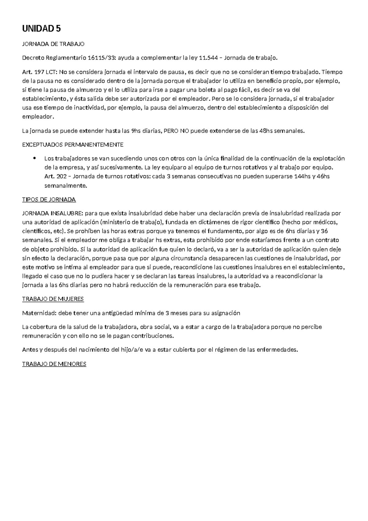 Unidad 5 - UNIDAD 5 JORNADA DE TRABAJO Decreto Reglamentario 16115/33 ...