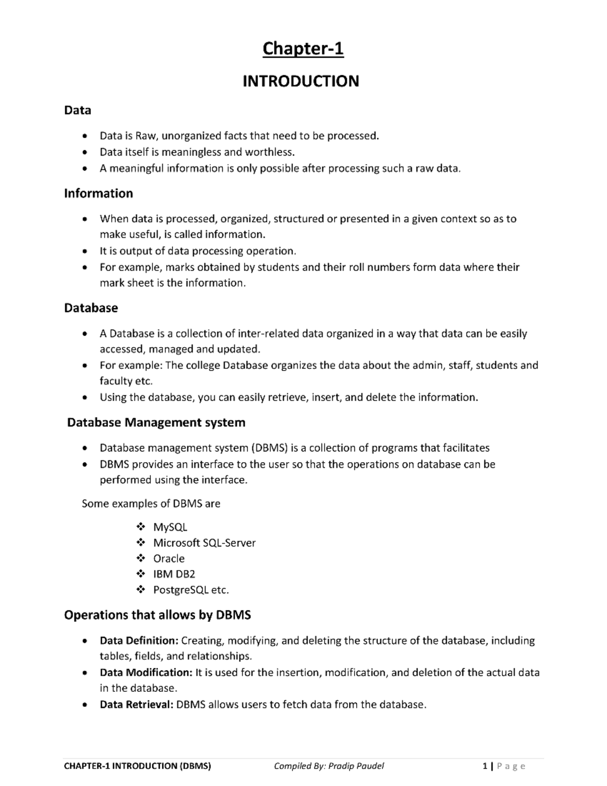 Chapter 1 (DBMS) - Computer Application - Studocu