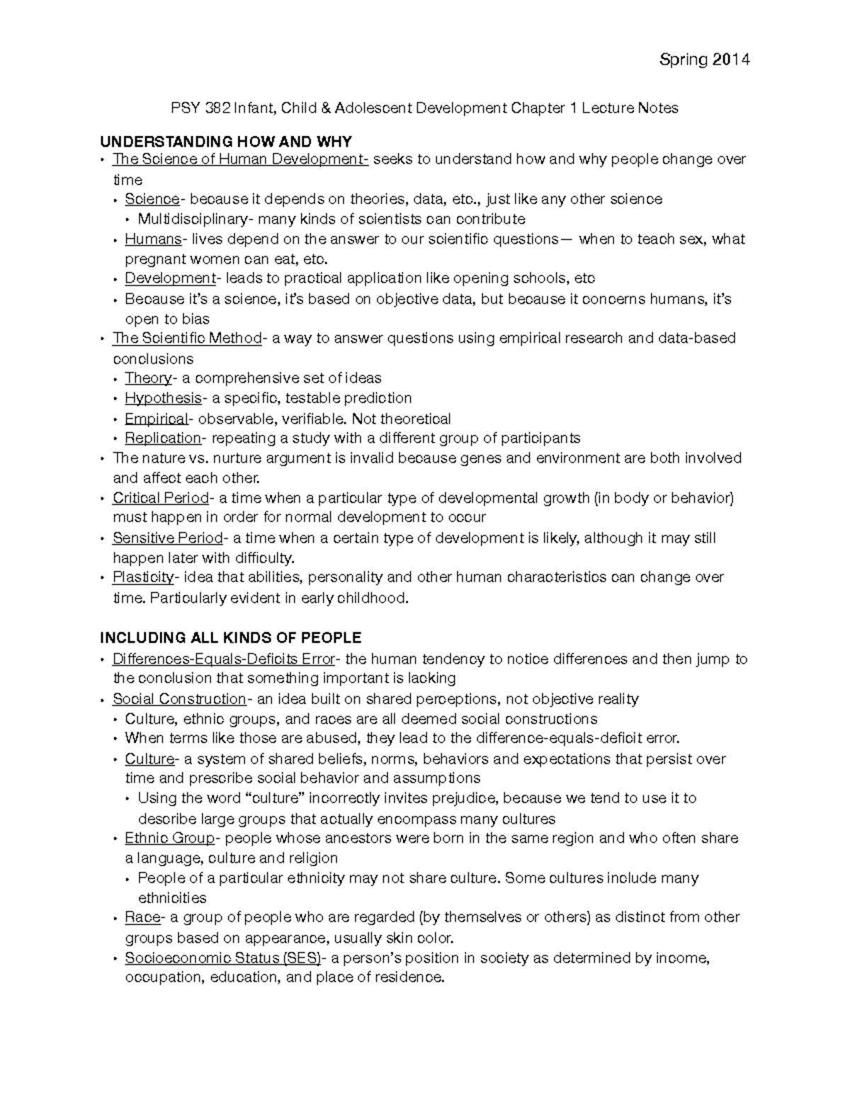 Stu Docu PSY 382 Chapter 1 Lecture Notes - Spring 2014 PSY 382 Infant ...