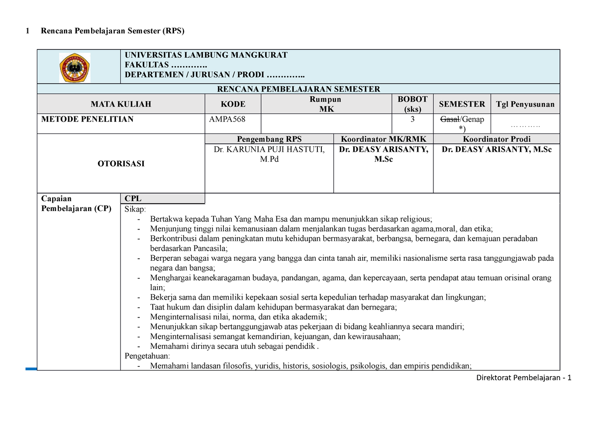 RPS Metode Penelitian PSPG - 1 Rencana Pembelajaran Semester (RPS ...