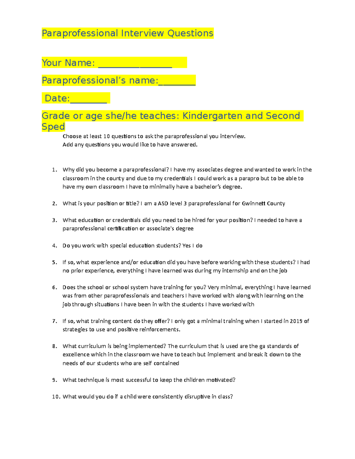 Paraprofessional Interview Question and response - Paraprofessional  Interview Questions Your Name: - Studocu