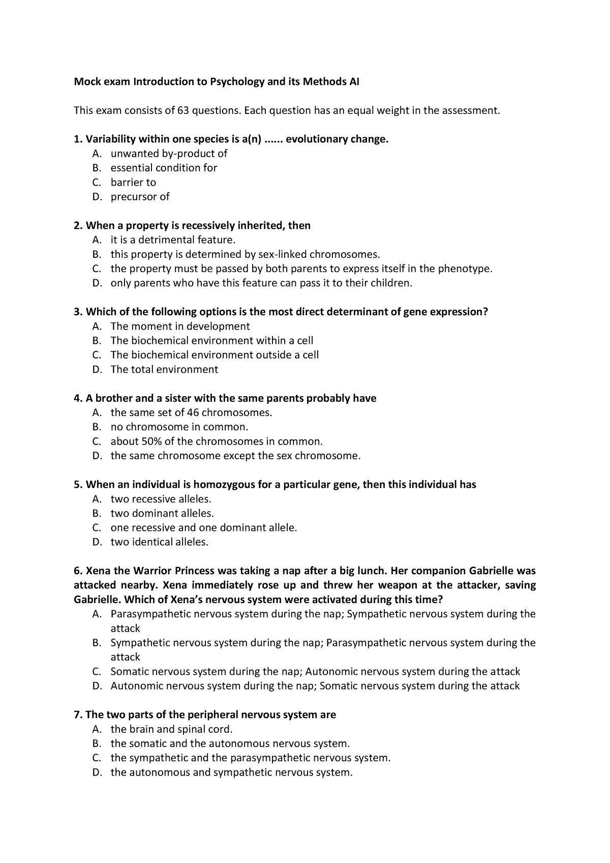 IP Mock exam - Mock exam Introduction to Psychology and its Methods AI ...