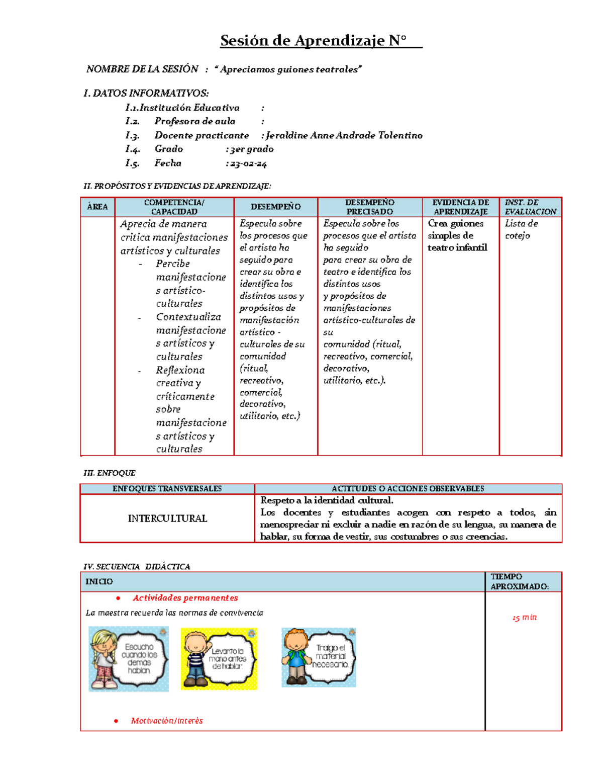 Esquema DE Sesion DE Aprendizaje por Arte y cultura( 3er grado ...