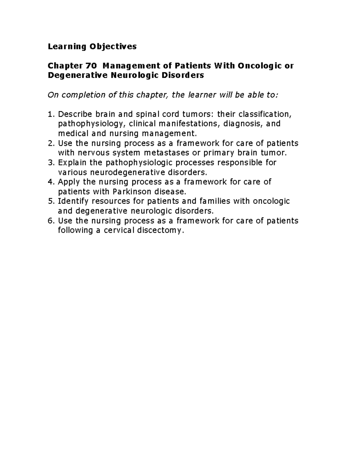 LO Chapter 70 Learning objectives - Learning Objectives Chapter 70 ...
