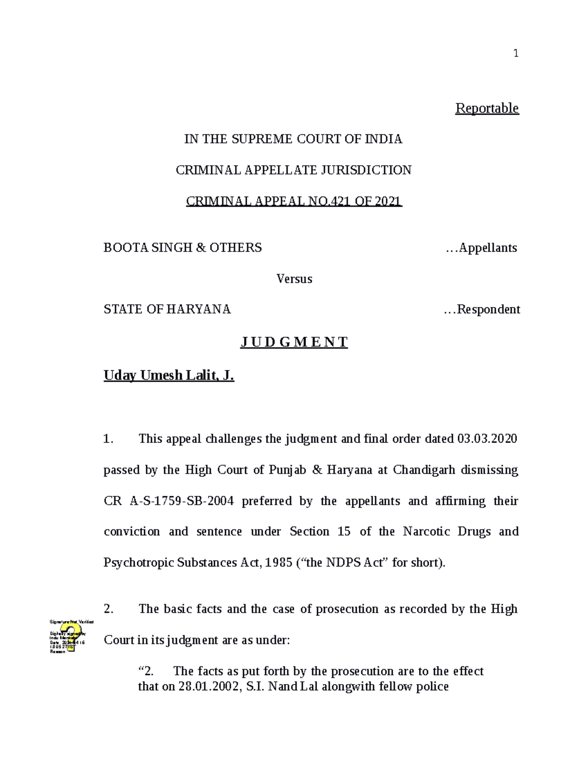 Judgement NDPS Section 42 Reportable IN THE SUPREME COURT OF INDIA