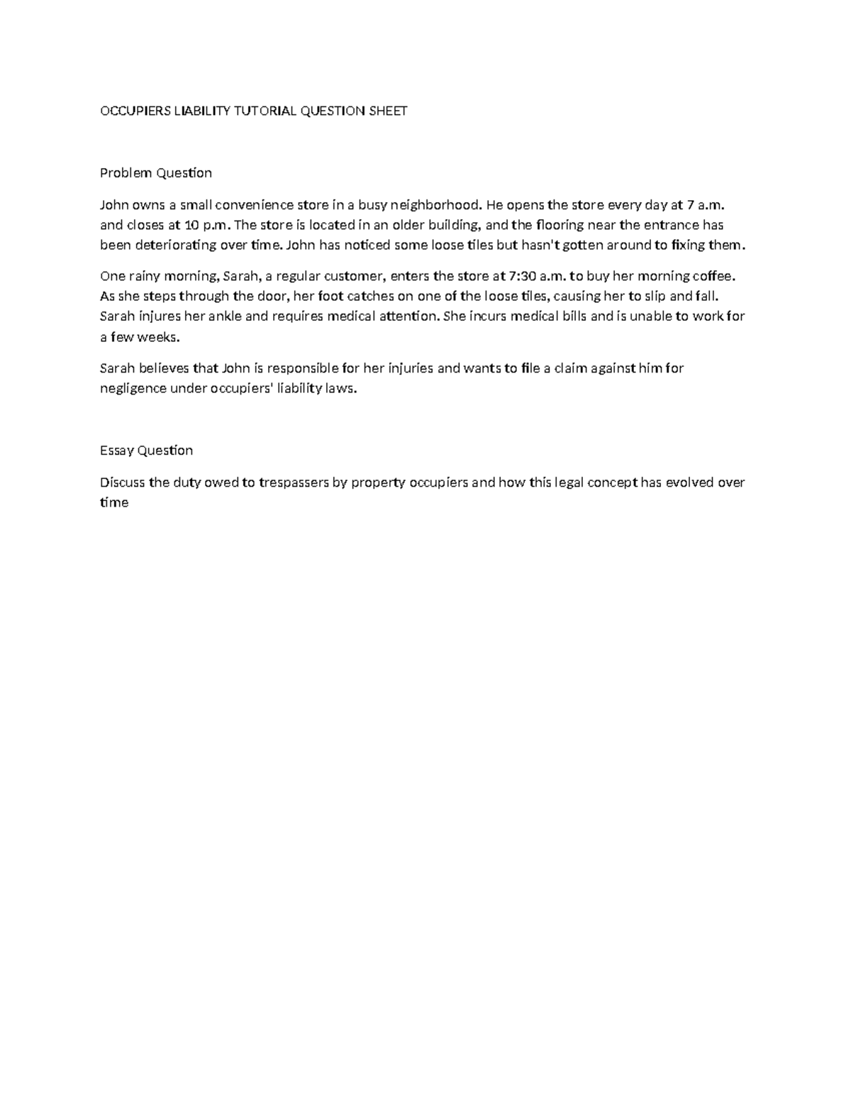 Occupiers Liability Tutorial Questions - OCCUPIERS LIABILITY TUTORIAL ...