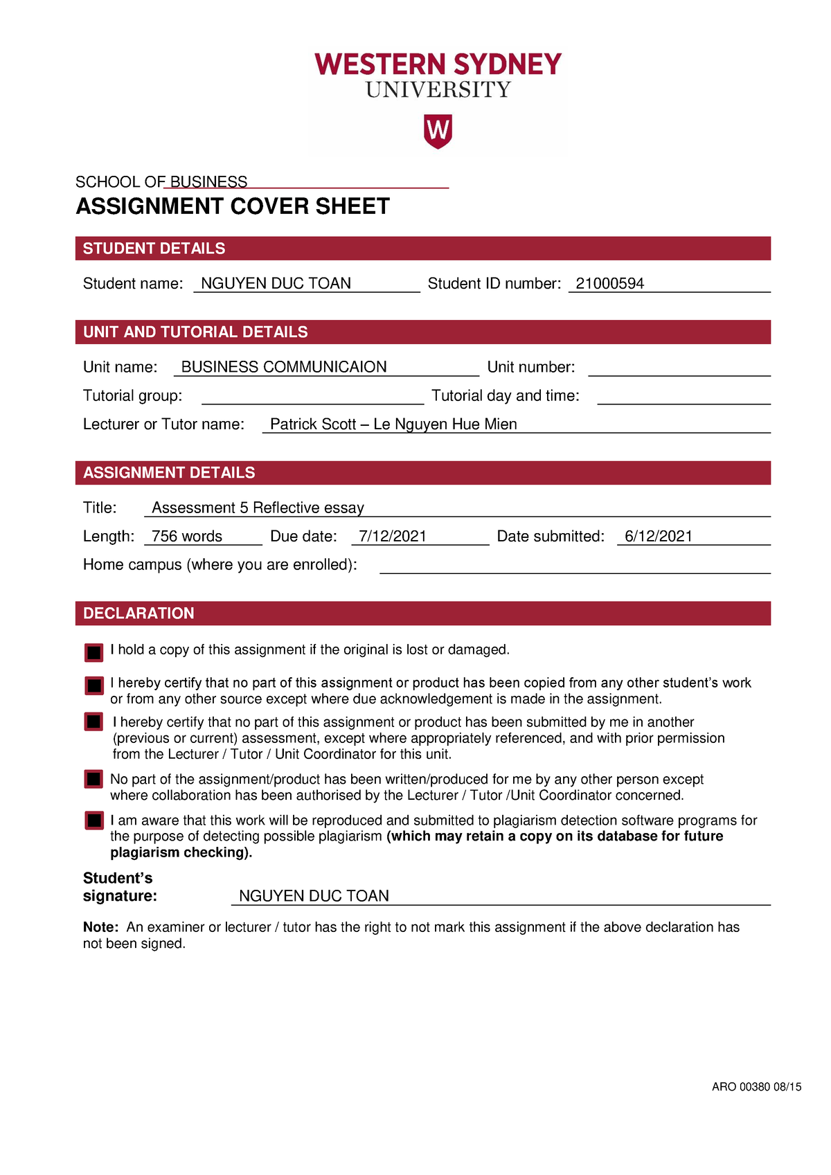 uws individual assignment cover sheet