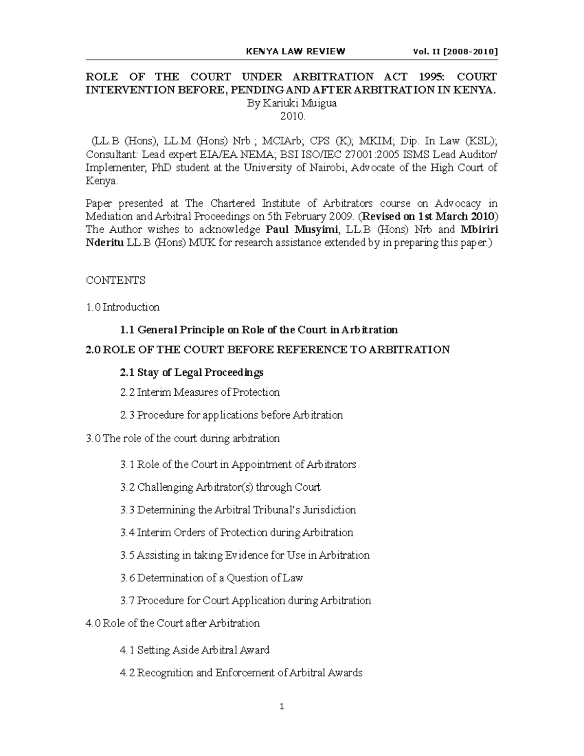 ROLE OF THE Court Under Arbitration ACT 1995 KENYA LAW REVIEW Vol. II