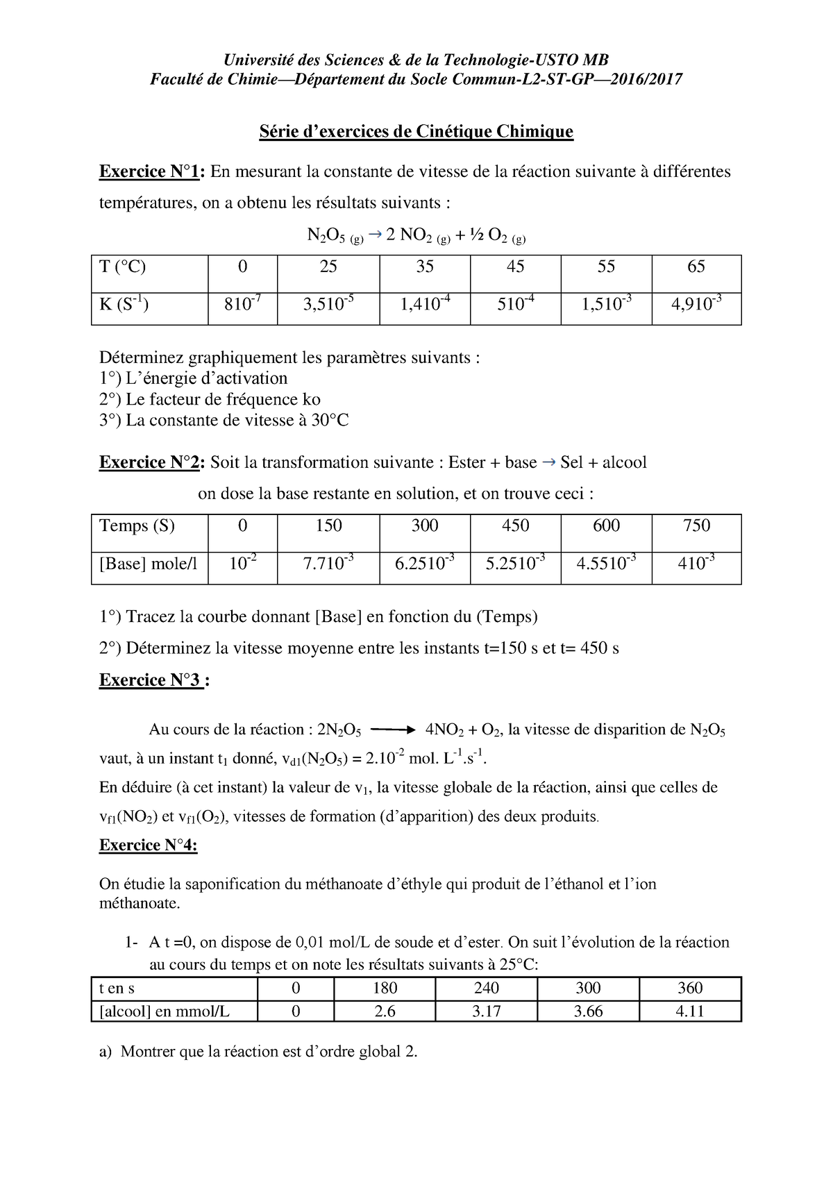 Cinétique-chimique-Exercices 01 - Faculté De Chimie—Département Du ...