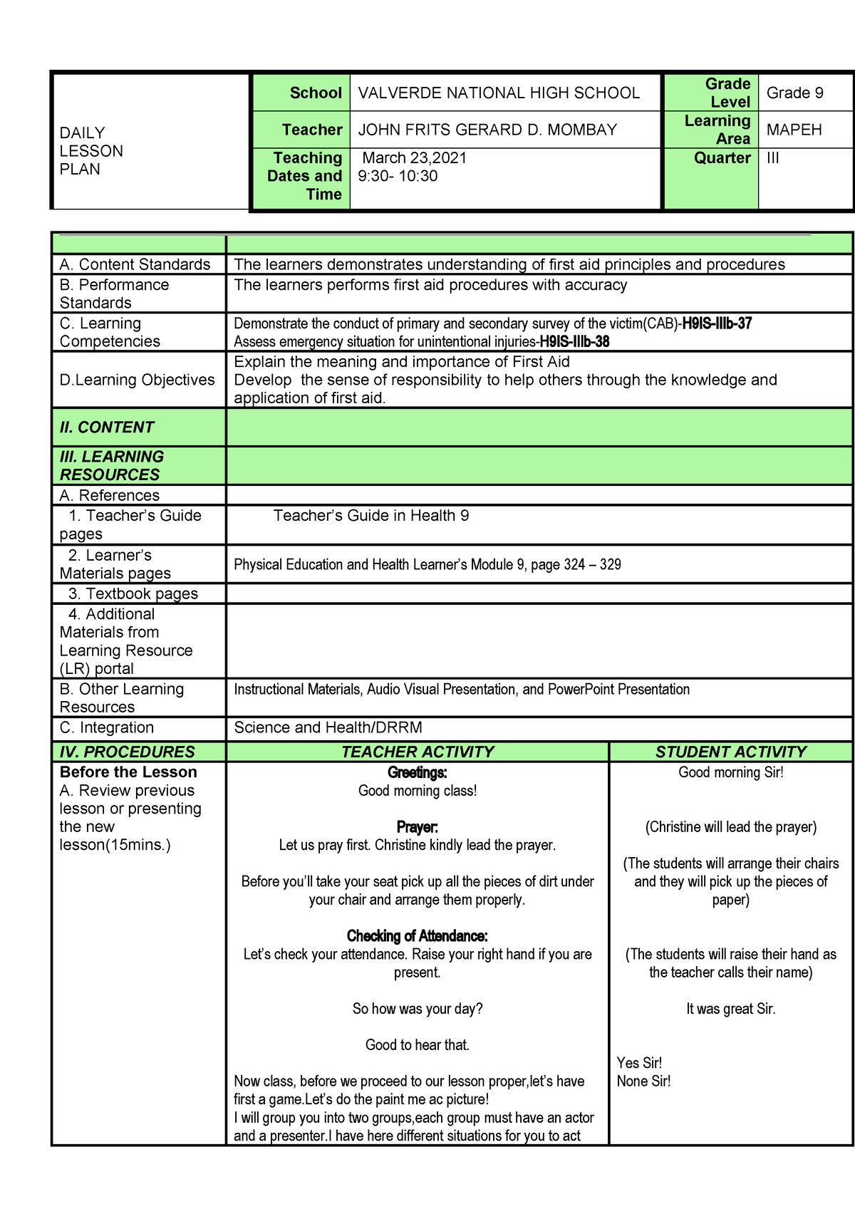 Detailed Lesson Plan In Health Grade 9