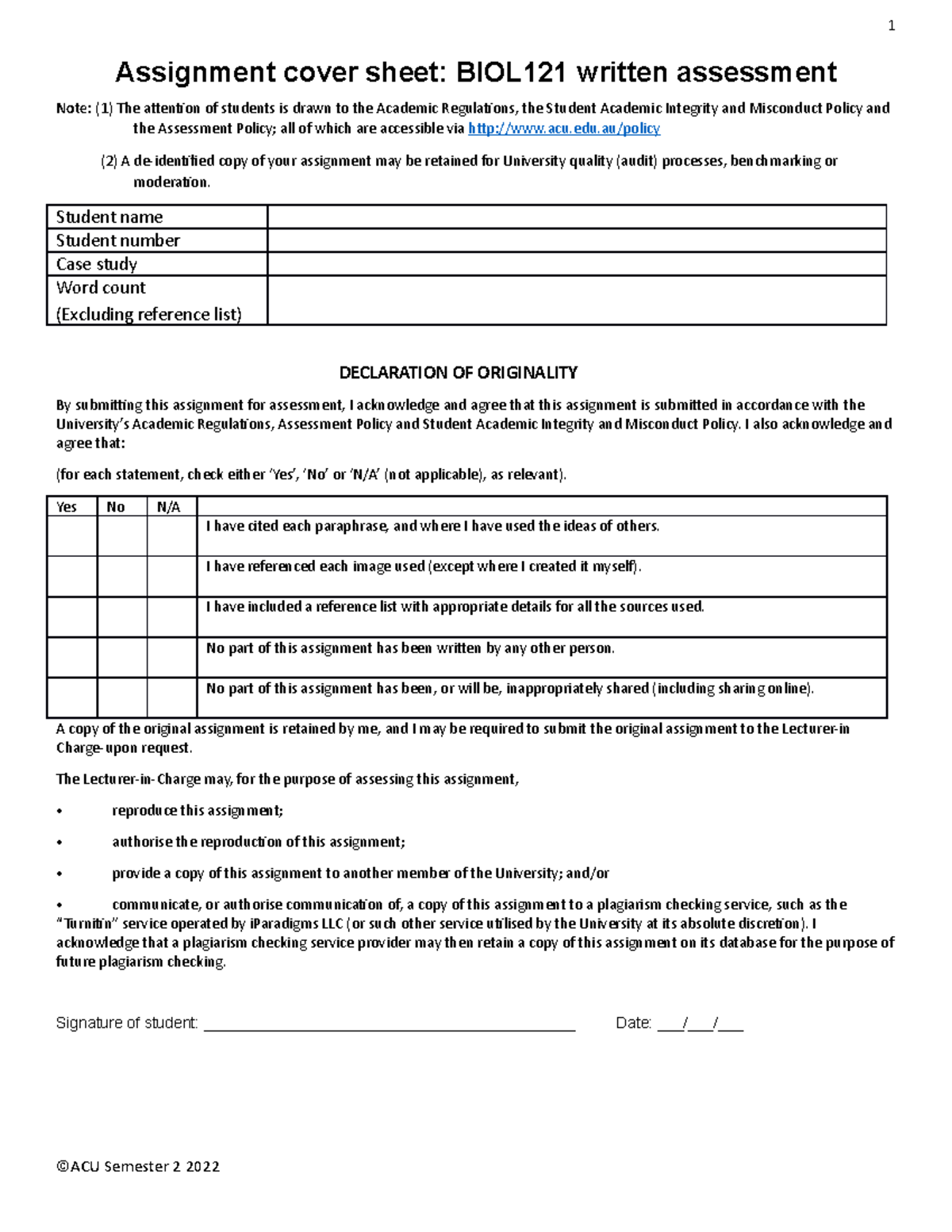 Biol121 Case Study Template - 1 Assignment Cover Sheet: Biol121 Written 