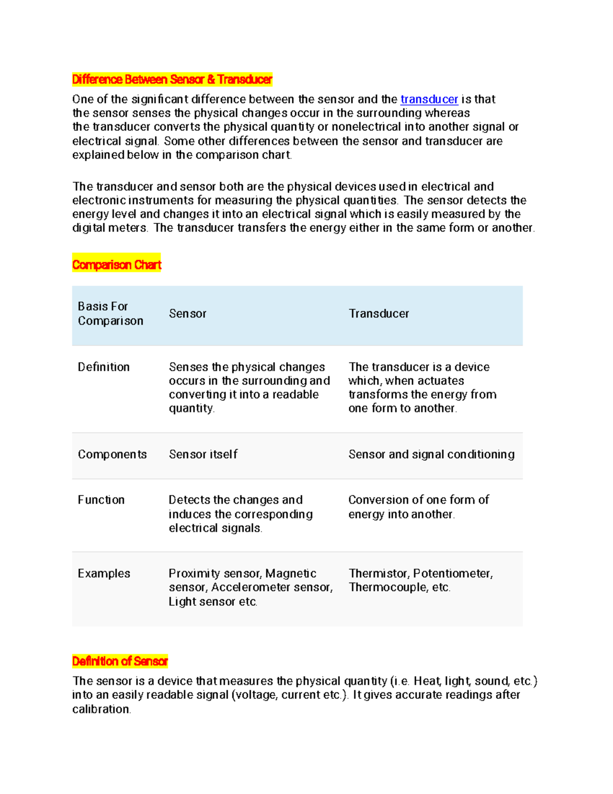 Difference between sensor and transducer - Difference Between Sensor ...