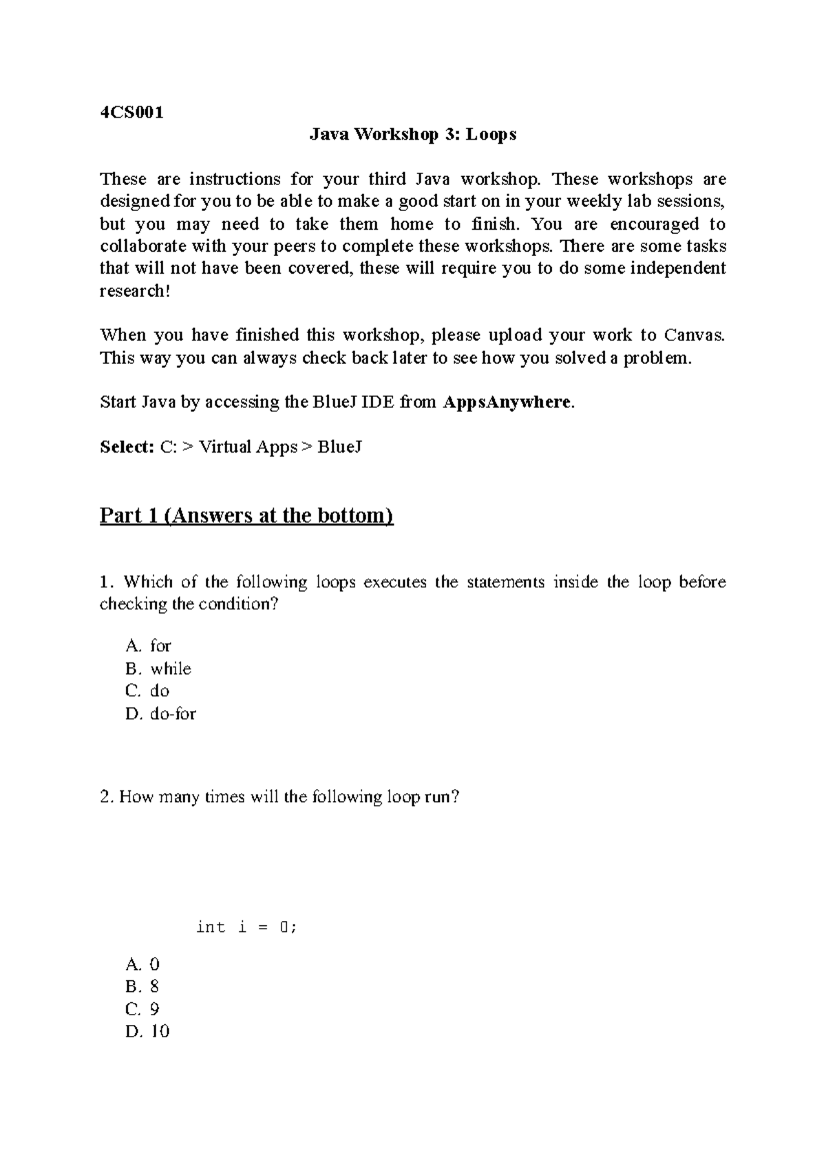 4CS001 Workshop 10 - COUNTS TO FINAL GRADE - 4CS Java Workshop 3: Loops ...