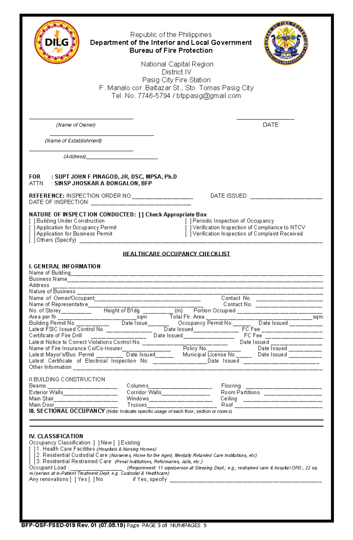 Fsed Checklist Health Care Occupancy Rev Department Of