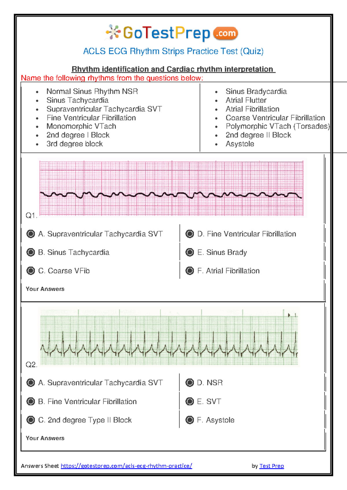 Acls Ecg Rhythm Test 1 Acls Ecg Rhythm Strips Practice Test Quiz Rhythm Identification And 