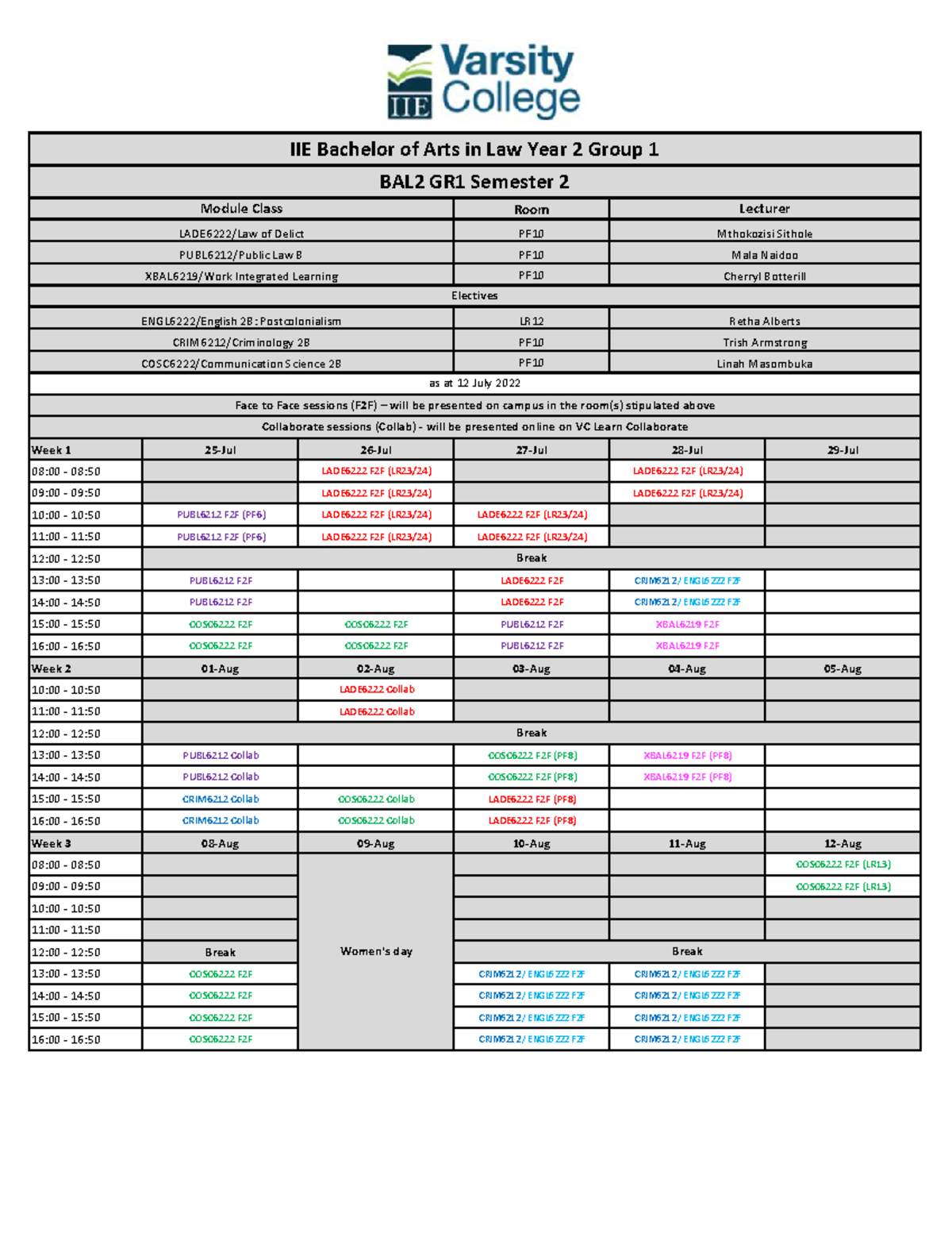 BAL2 Group 1 Semester 2 Timetable at 12 July 2022 - Room PF PF PF LR PF ...