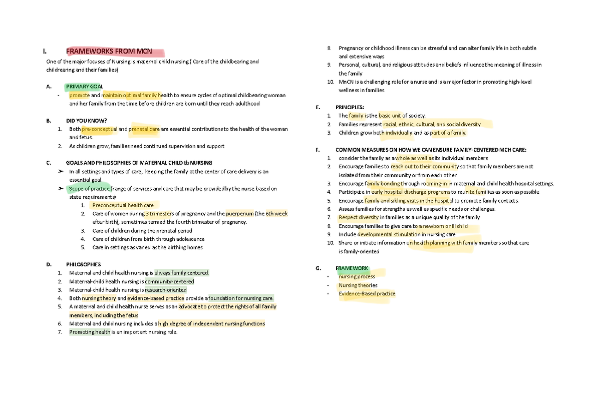 MCHN 1 - MCHN PRELIMS - I. FRAMEWORKS FROM MCN One of the major focuses ...