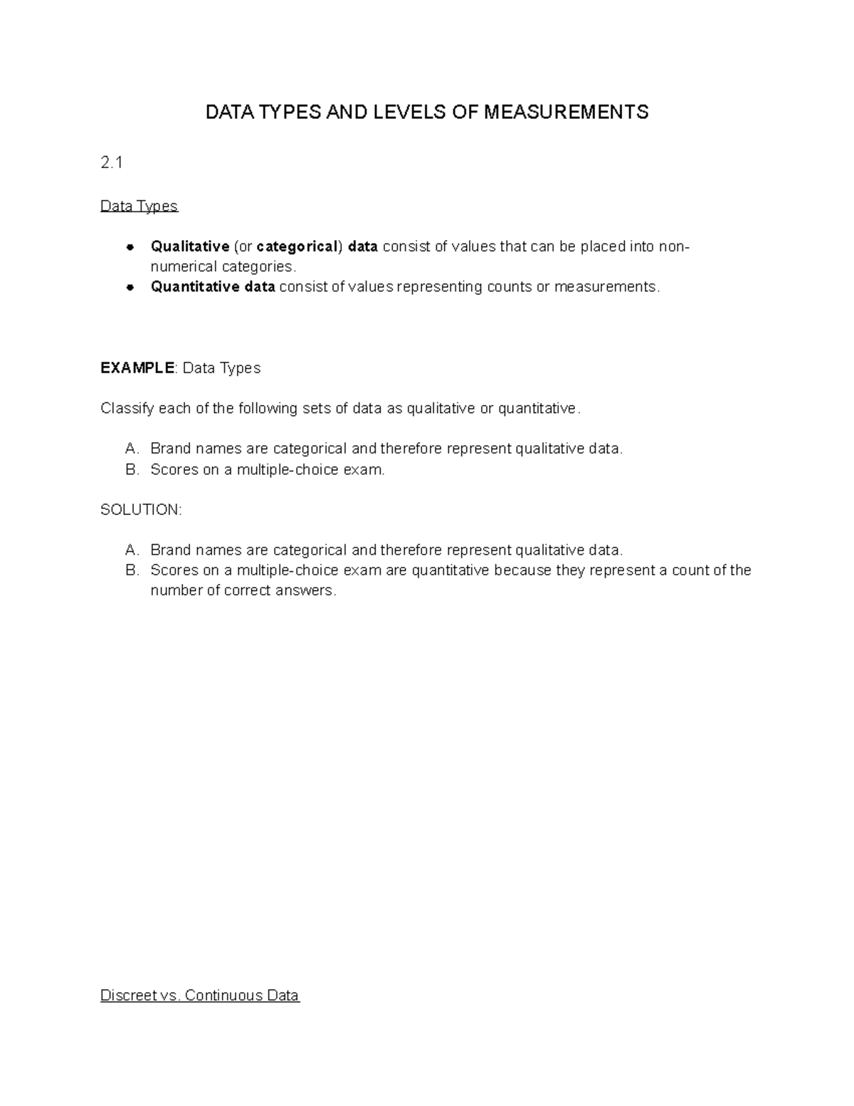 MTH 155 Chapter 2.1 Notes Data Types and Levels of Measurement - DATA ...