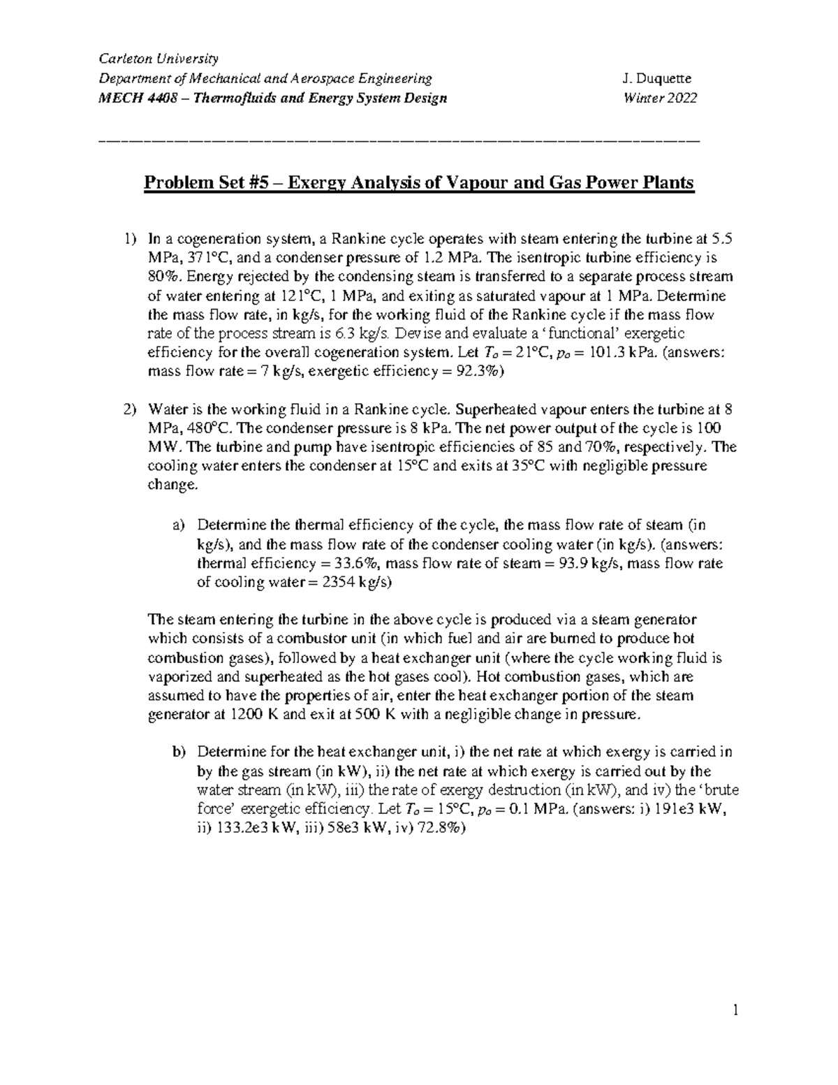 Problem set 5 Carleton University Department of Mechanical and