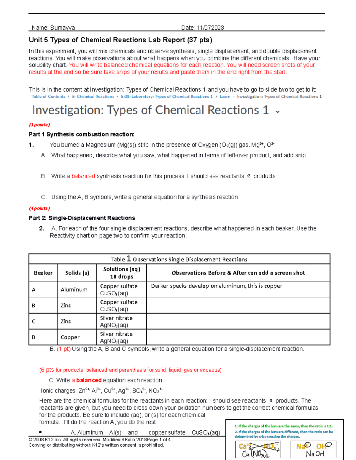 Unit 5 Chemical Reactions Lab Report Name Sumayya Date 11/ Unit 5