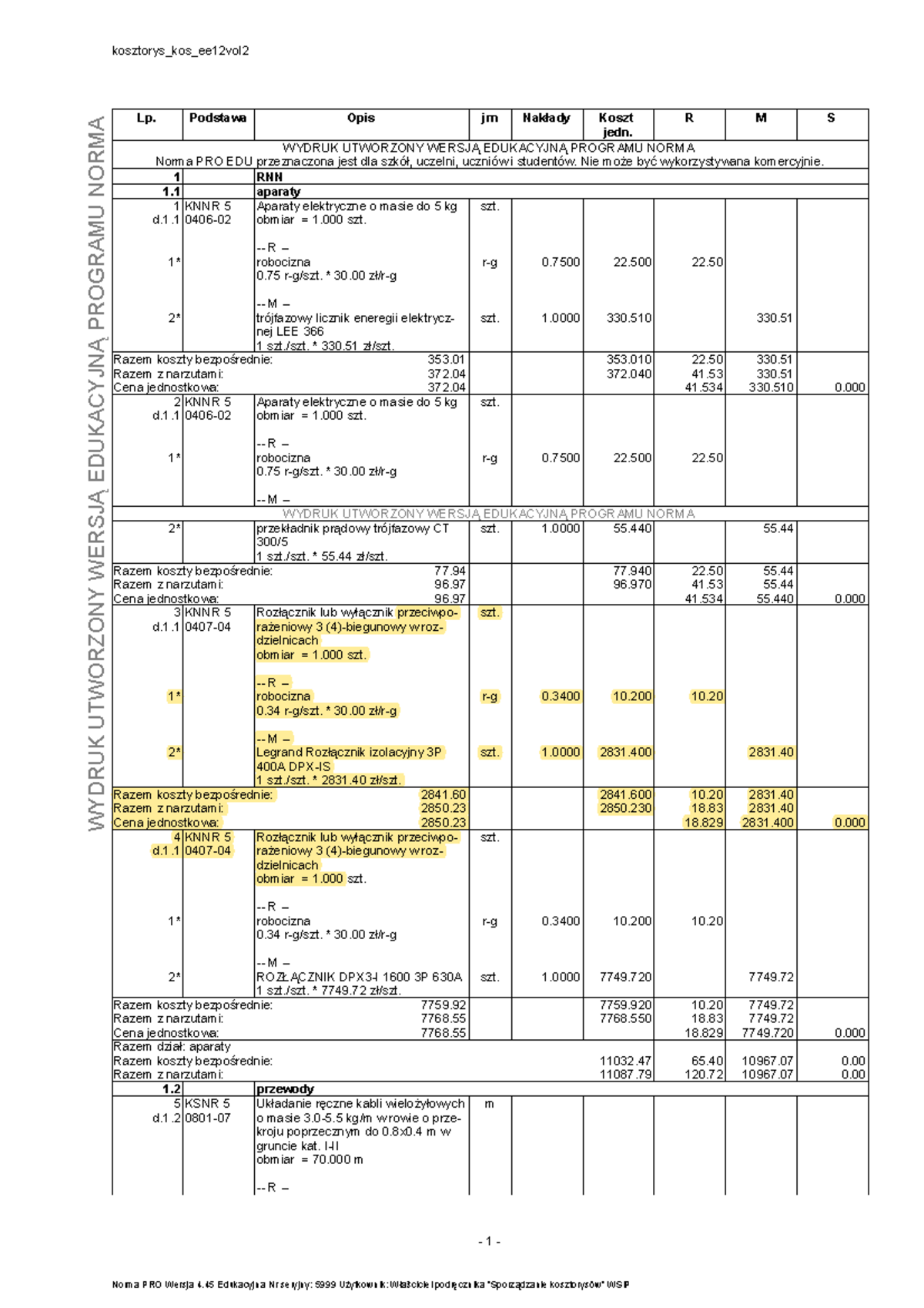 Kosztorys Kos Ee12vol2 - Lp. Podstawa Opis Jm NakCady Koszt Jedn. R M S ...