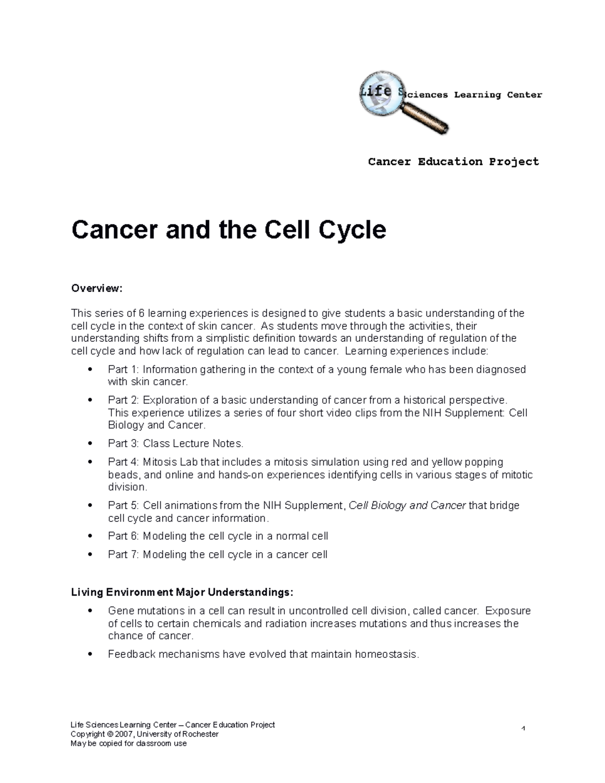 Cancer and the cell cycle - Cancer and the Cell Cycle Overview: This ...