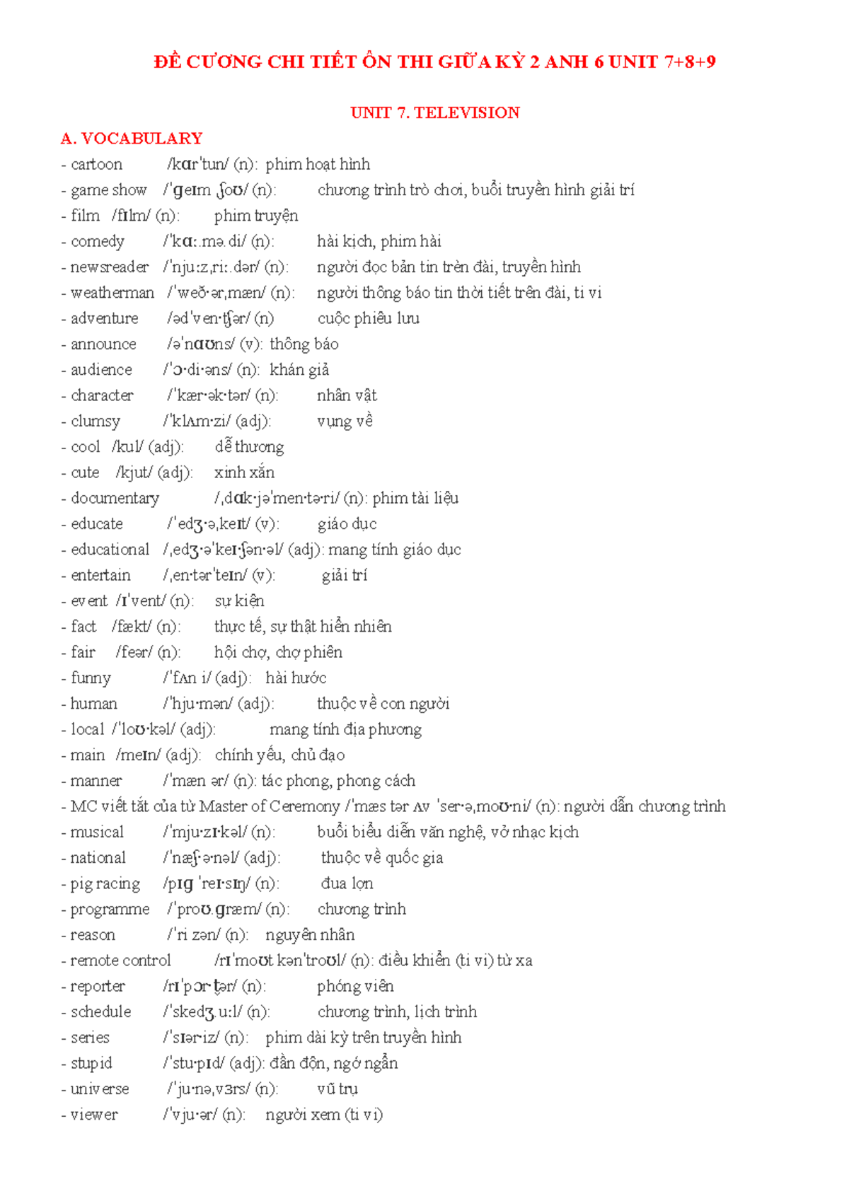 DE Cuong CHI TIET ON THI GIUA KY 2 ANH 6 UNIT 789 - ĐỀ CƯƠNG CHI TIẾT ...