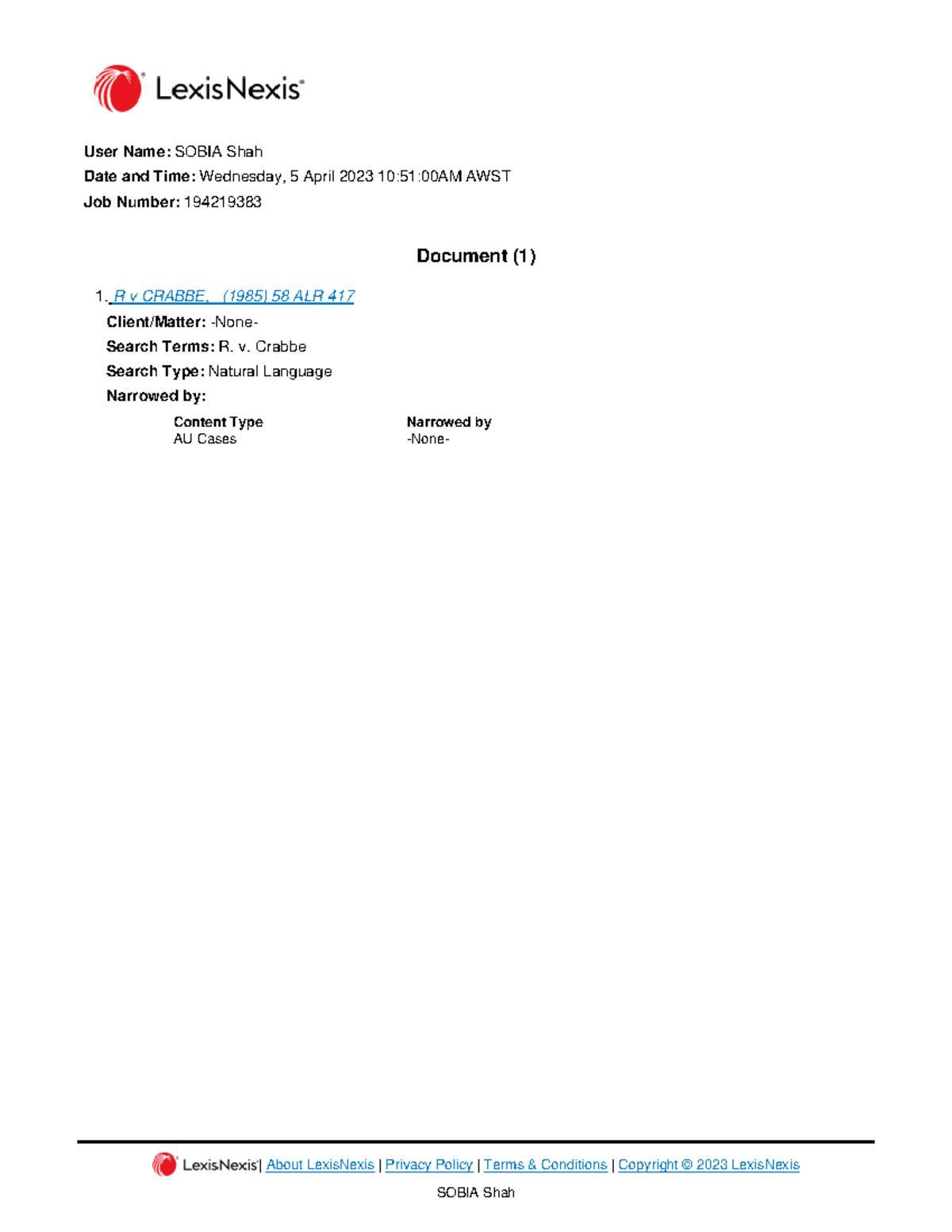 R V Crabbe 1985 58 Alr 417 About Lexisnexis Privacy Policy