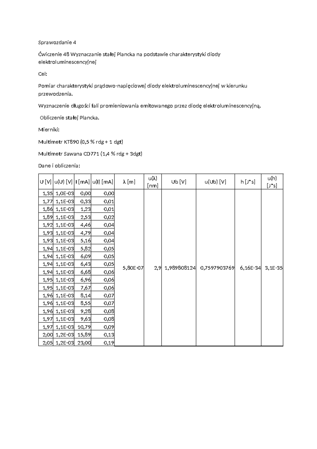 Sprawozdanie Stała Plancka - Sprawozdanie 4 Ćwiczenie 48 Wyznaczanie ...