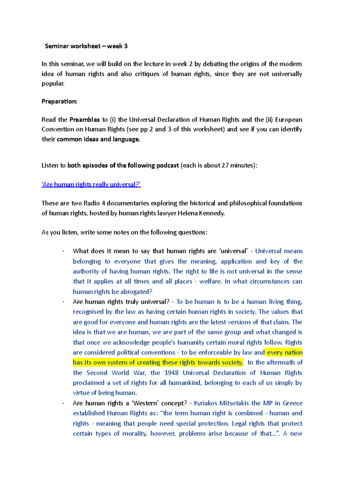 Human Rights law Seminar worksheet – week 3 - Seminar worksheet – week ...