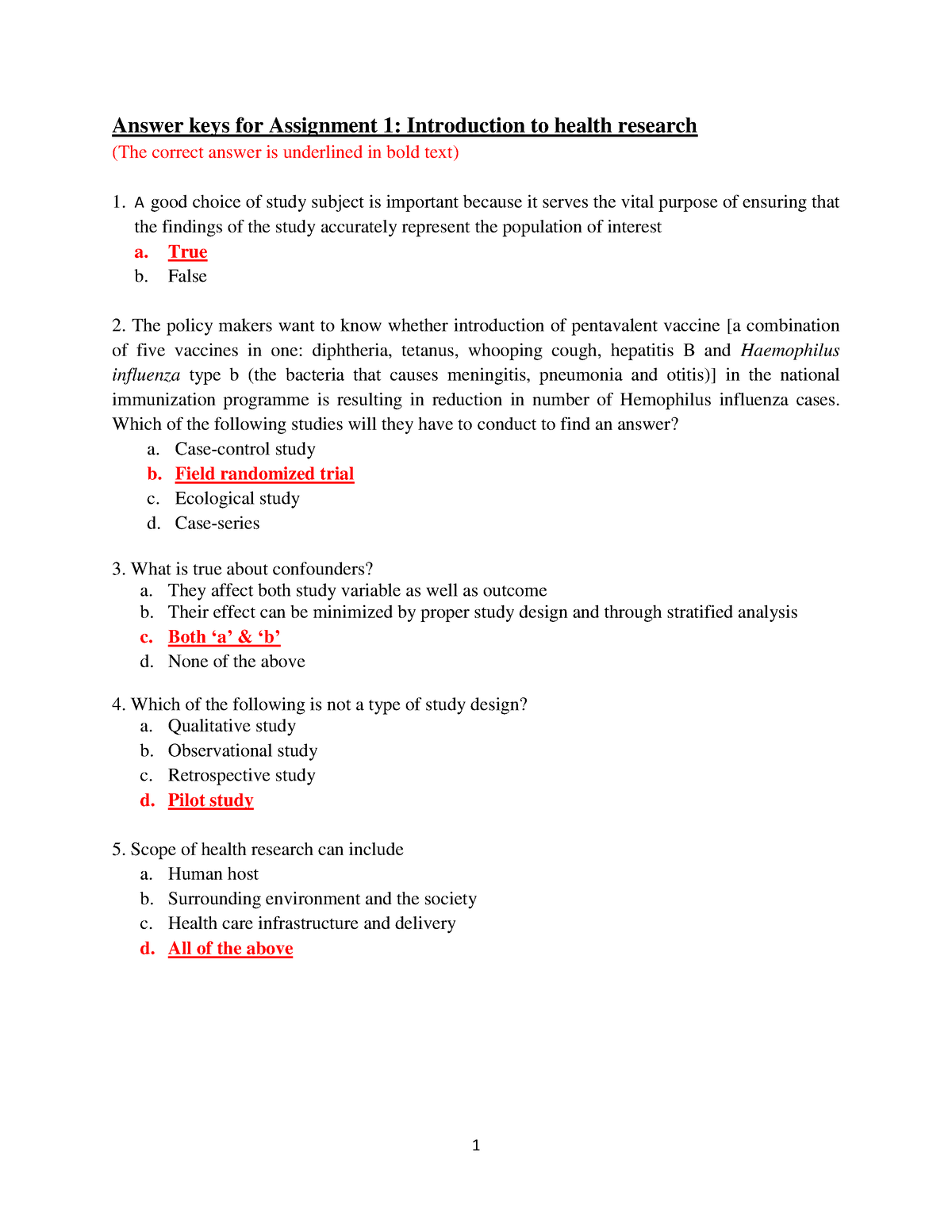 Week 1 - Answer Keys For Assignment 1: Introduction To Health Research 