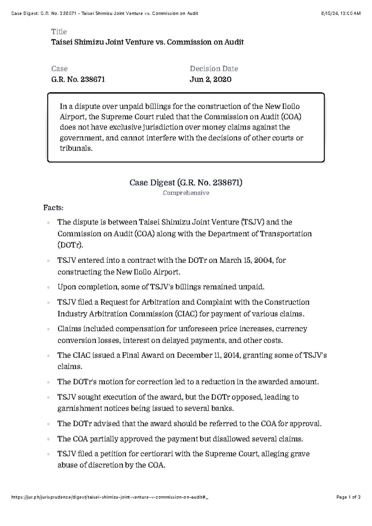 Case Digest: G.R. No. 238671 - Taisei Shimizu Joint Venture vs ...