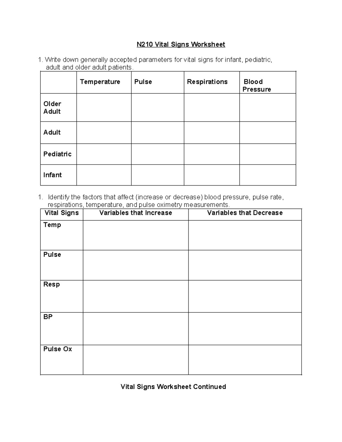 Vital Worksheet N210 Vital Signs Worksheet Write down generally
