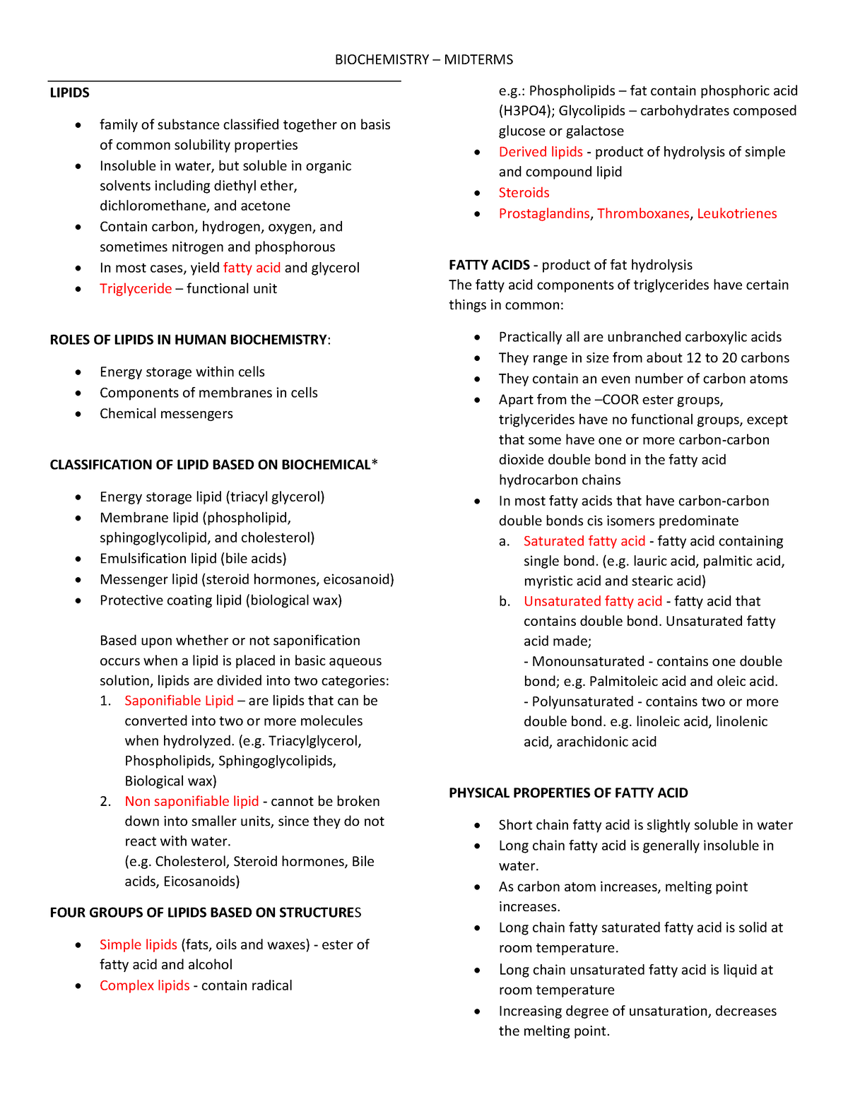 Biochem- Midterms - Study - BIOCHEMISTRY – MIDTERMS LIPIDS Family Of ...