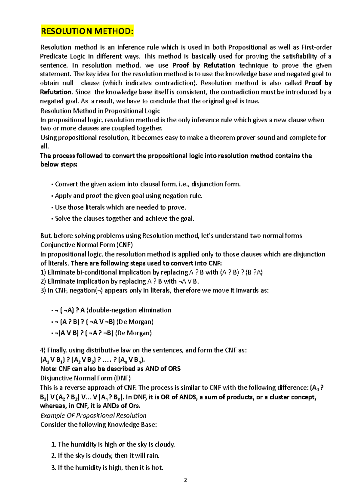 FAI-UNIT 5 - RESOLUTION METHOD: Resolution method is an inference rule ...