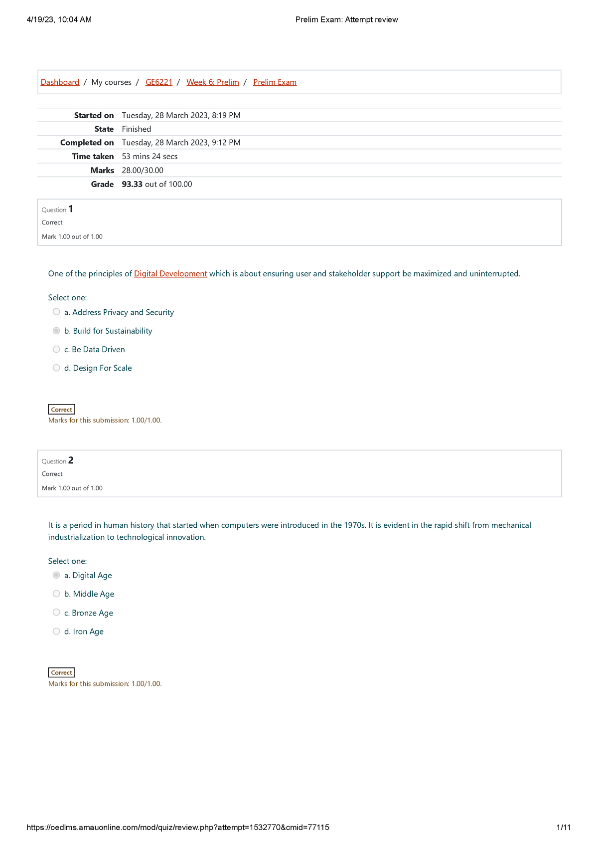 Prelim Exam Attempt Review 230419 101127 - Dashboard / My Courses ...