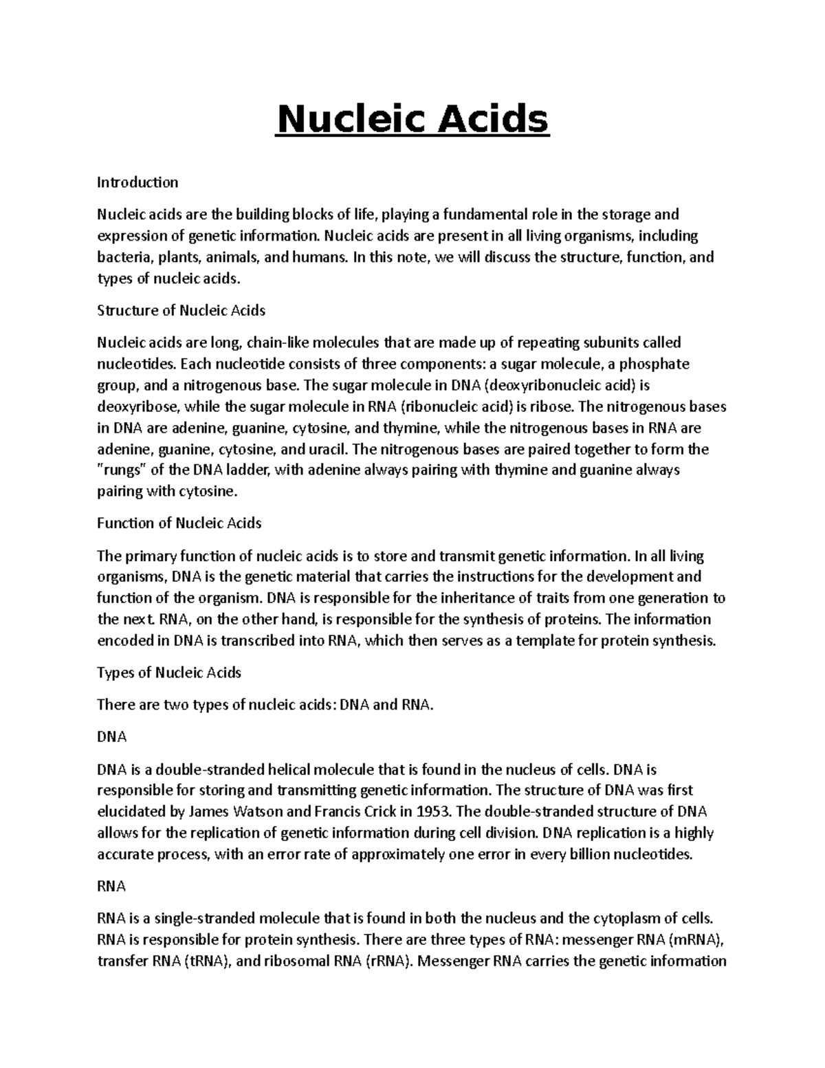 CHEM230029 Nucleic Acids Nucleic Acids Introduction Nucleic acids