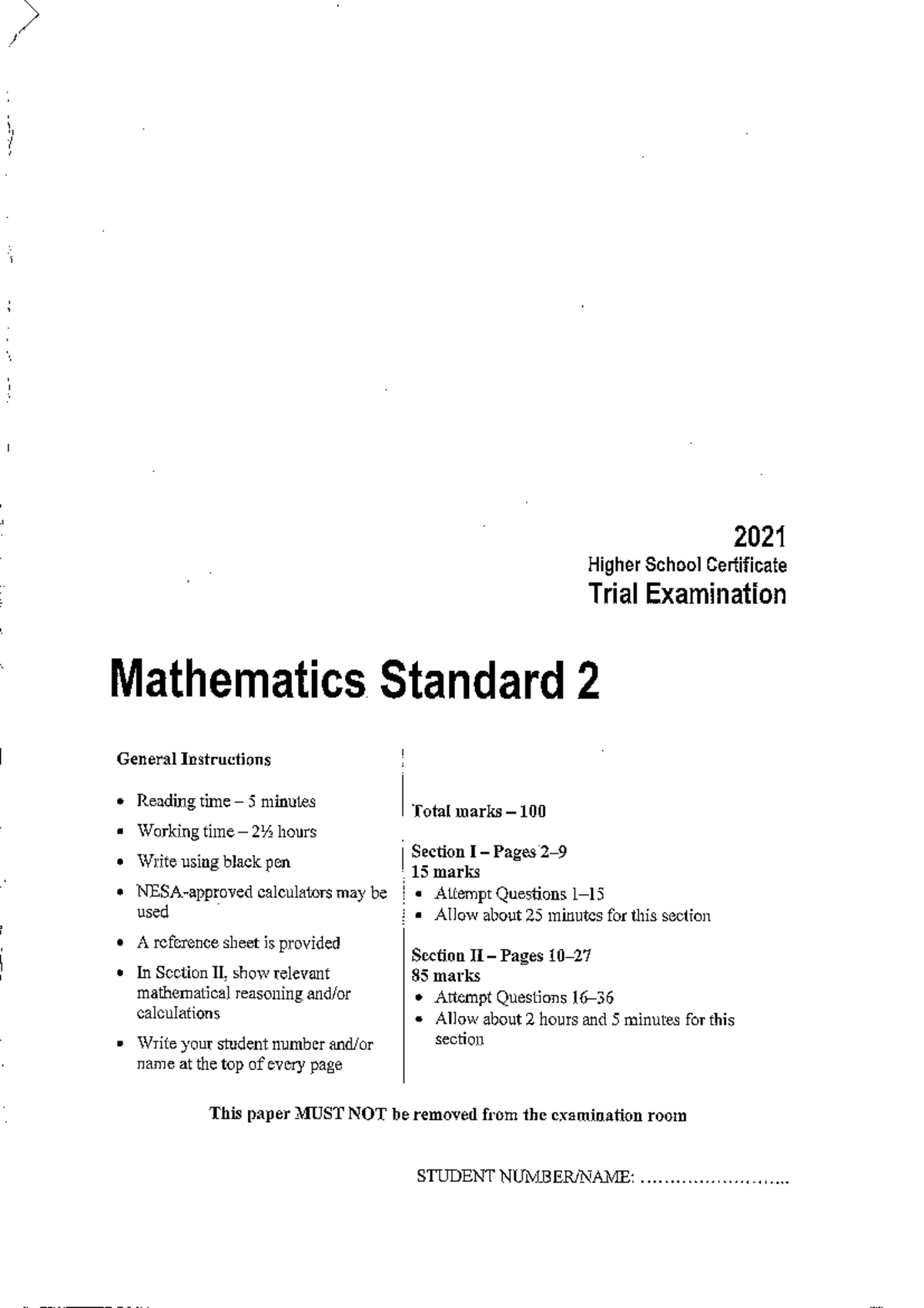 Standard 2 Trial and Solns 2021 - Maths Ext 1 - Studocu