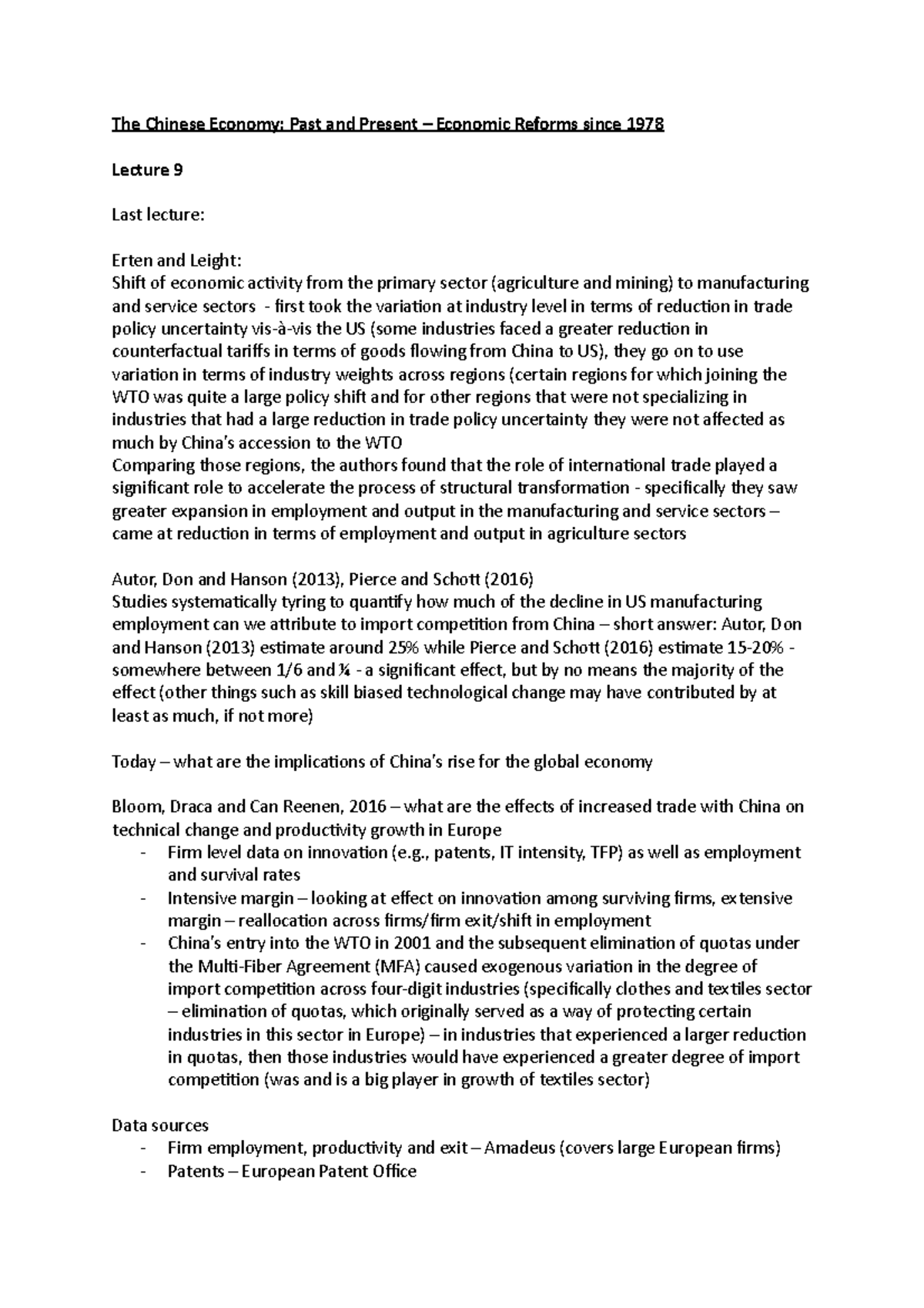China Week 9 - Week 9 notes - The Chinese Economy: Past and Present ...